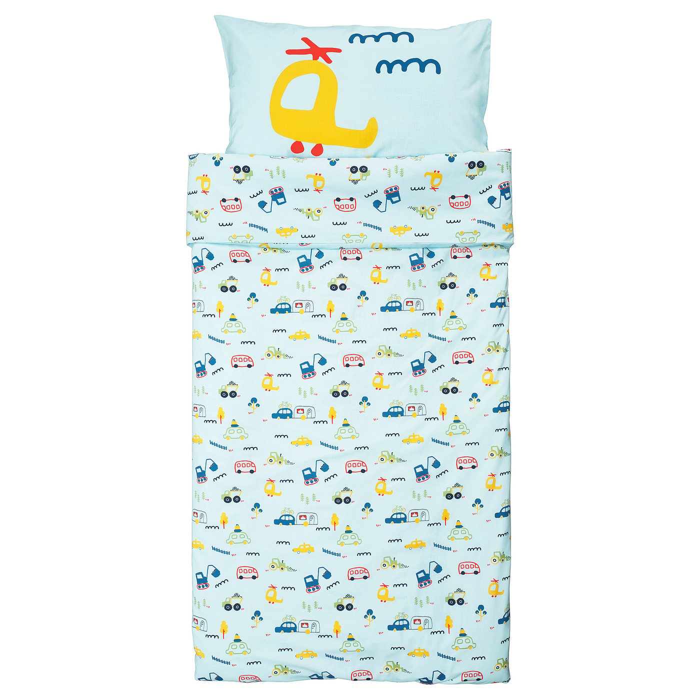 BARNDRÖM duvet cover and pillowcase, blue/vehicles pattern, 150x200/50x80 cm