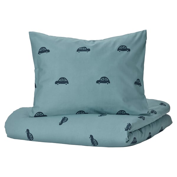 BARNDRÖM duvet cover and pillowcase, car pattern/blue, 150x200/50x80 cm