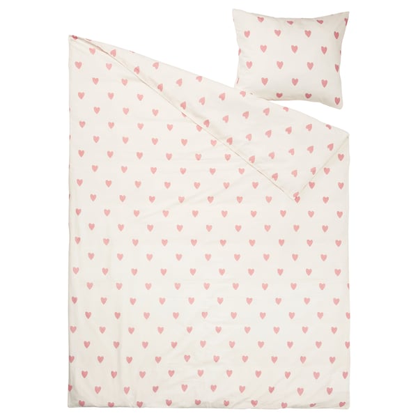BARNDRÖM - BARNDRÖM Duvet cover and pillowcase, heart pattern white/pink, 150x200/50x80 cm