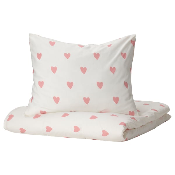 BARNDRÖM - BARNDRÖM Duvet cover and pillowcase, heart pattern white/pink, 150x200/50x80 cm