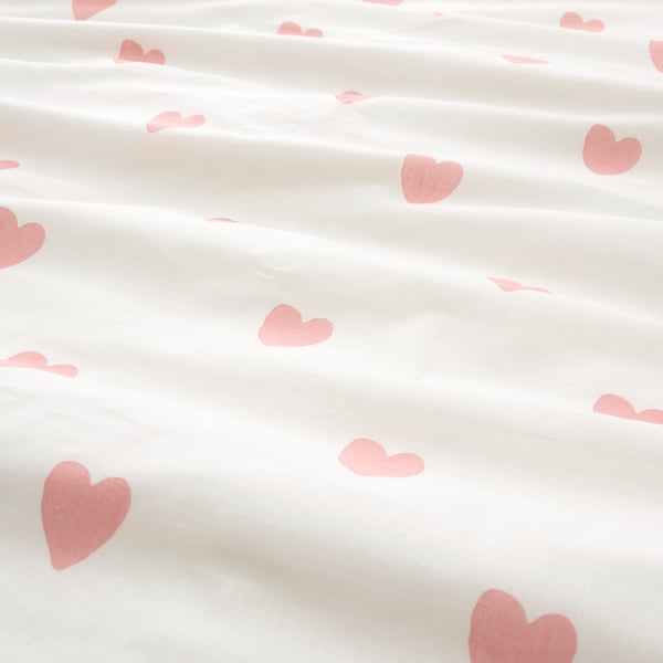 BARNDRÖM - BARNDRÖM Duvet cover and pillowcase, heart pattern white/pink, 150x200/50x80 cm