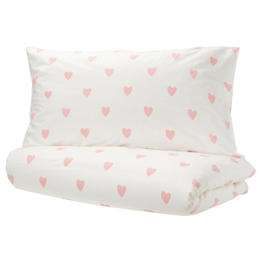 BARNDRÖM duvet cover and pillowcase, heart pattern white/pink, 150x200/50x80 cm