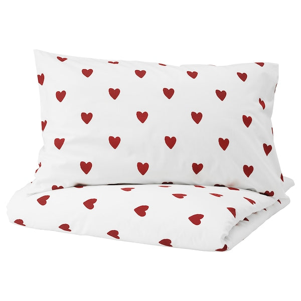 BARNDRÖM - Duvet cover and pillowcase, heart pattern/white red, 150x200/50x80 cm