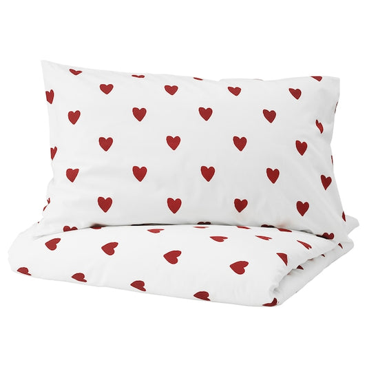 BARNDRÖM - Duvet cover and pillowcase, heart pattern/white red, 150x200/50x80 cm