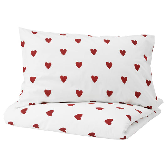 BARNDRÖM duvet cover and pillowcase, heart pattern/white red, 200x150 cm