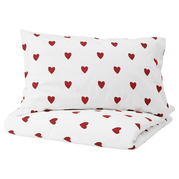 BARNDRÖM - BARNDRÖM Duvet cover and pillowcase, heart pattern/white red, 150x200/50x80 cm