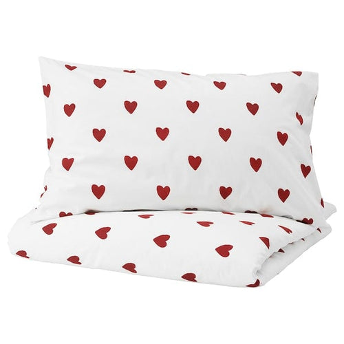 BARNDRÖM duvet cover and pillowcase, heart pattern/white red, 150x200/50x80 cm