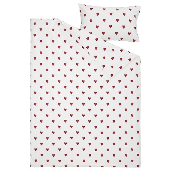 Ikea BARNDRÖM - Duvet cover and pillowcase, heart pattern/white red, 150x200/50x80 cm