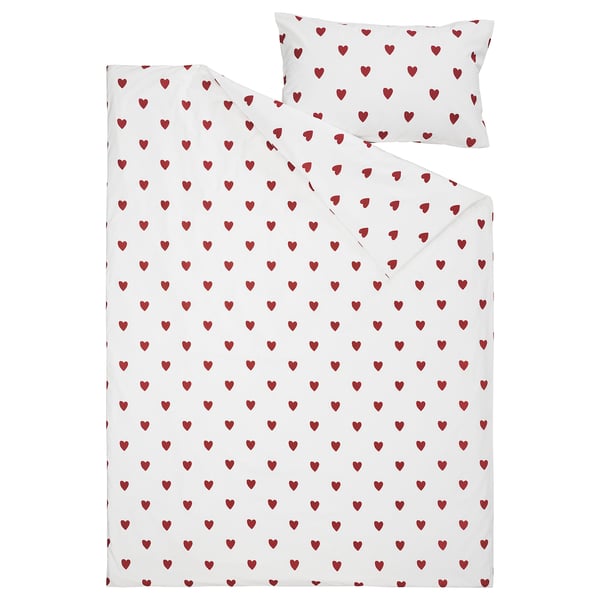 BARNDRÖM duvet cover and pillowcase, heart pattern/white red, 150x200/50x80 cm