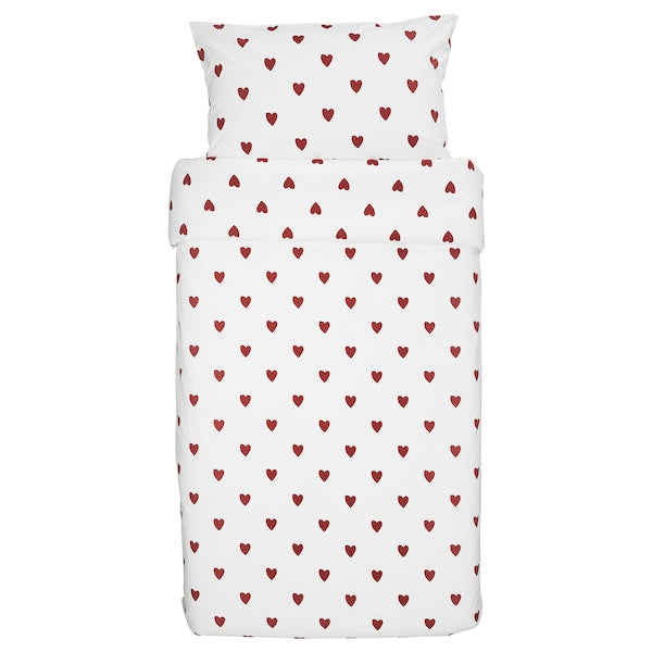 BARNDRÖM - Duvet cover and pillowcase, heart pattern/white red, 150x200/50x80 cm