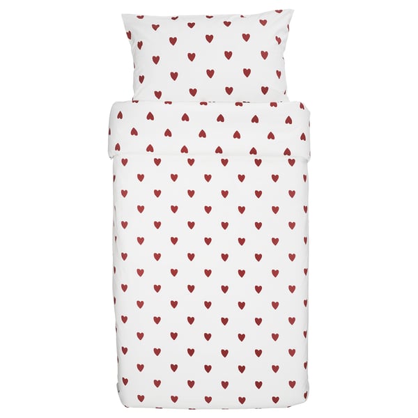 BARNDRÖM - BARNDRÖM Duvet cover and pillowcase, heart pattern/white red, 150x200/50x80 cm
