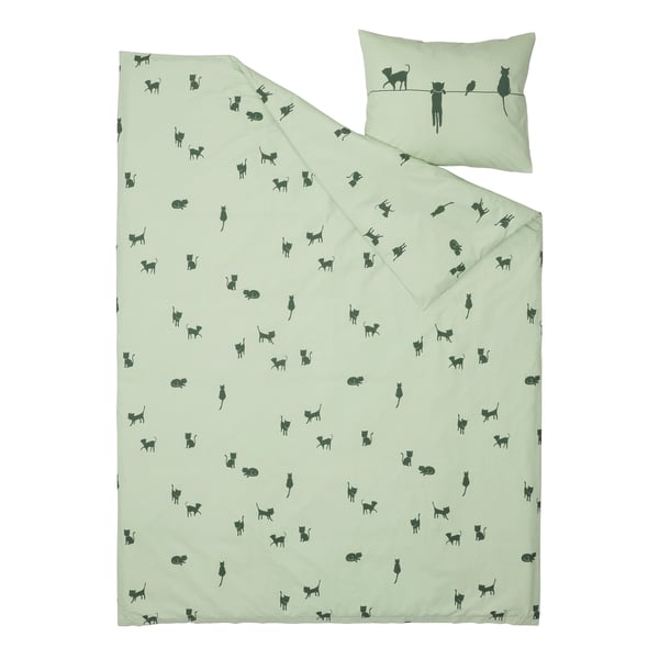 BARNDRÖM duvet cover and pillowcase, cat pattern/green, 150x200/50x80 cm