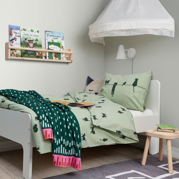 BARNDRÖM duvet cover and pillowcase, cat pattern/green, 150x200/50x80 cm