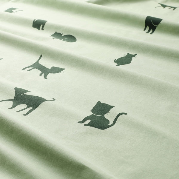 BARNDRÖM - Duvet cover and pillowcase, cat pattern/green, 150x200/50x80 cm