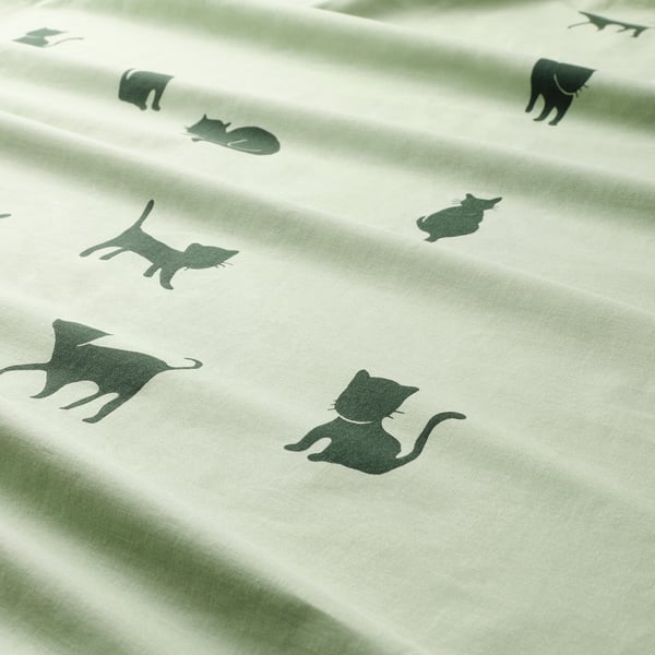 BARNDRÖM duvet cover and pillowcase, cat pattern/green, 150x200/50x80 cm