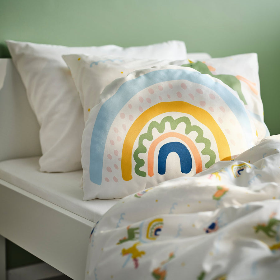 BARNDRÖM cushion, white/unicorn rainbow, 45x33 cm