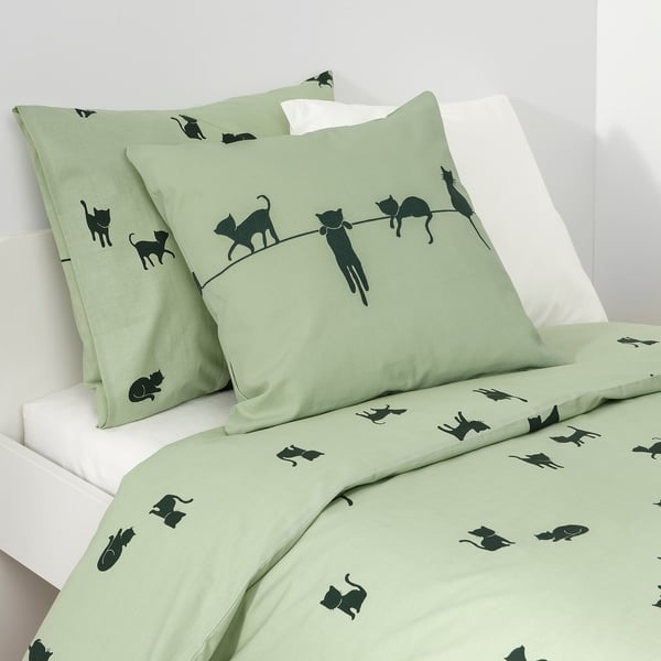 BARNDRÖM cushion cover, cat pattern/green, 50x50 cm
