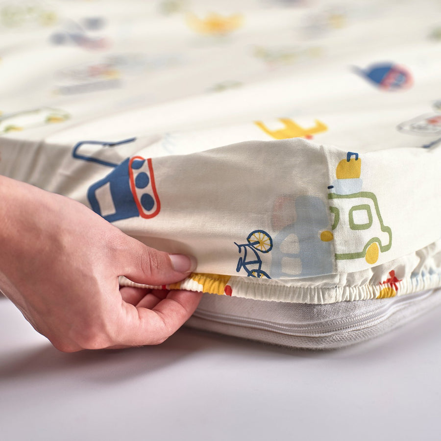 BARNDRÖM fitted sheet, white/vehicles pattern, 90x200 cm
