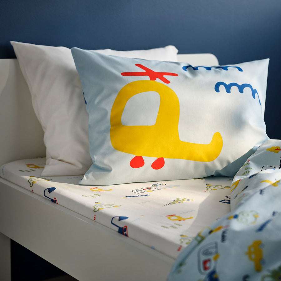 BARNDRÖM fitted sheet, white/vehicles pattern, 90x200 cm
