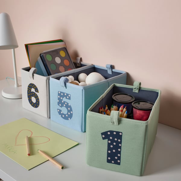 BARNDRÖM box, set of 3, green blue/beige, 17x27x17 cm