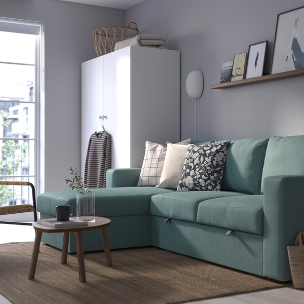 BÅRSLÖV - 3-seater sofa bed/chaise-longue, Tibbleby light grey-turquoise