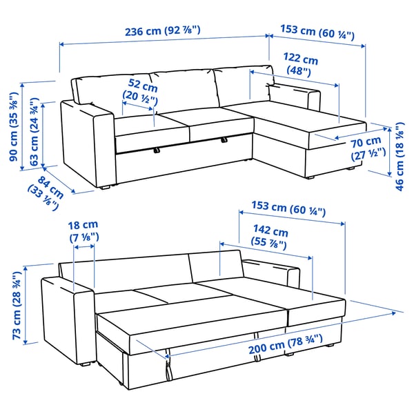 BÅRSLÖV - 3-seater sofa bed/chaise-longue, Tibbleby light grey-turquoise