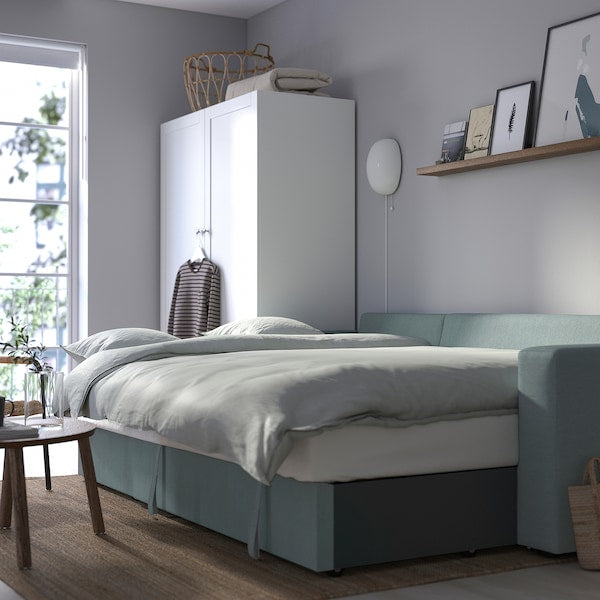 BÅRSLÖV - 3-seater sofa bed/chaise-longue, Tibbleby light grey-turquoise