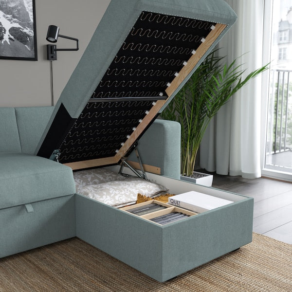 BÅRSLÖV - 3-seater sofa bed/chaise-longue, Tibbleby light grey-turquoise