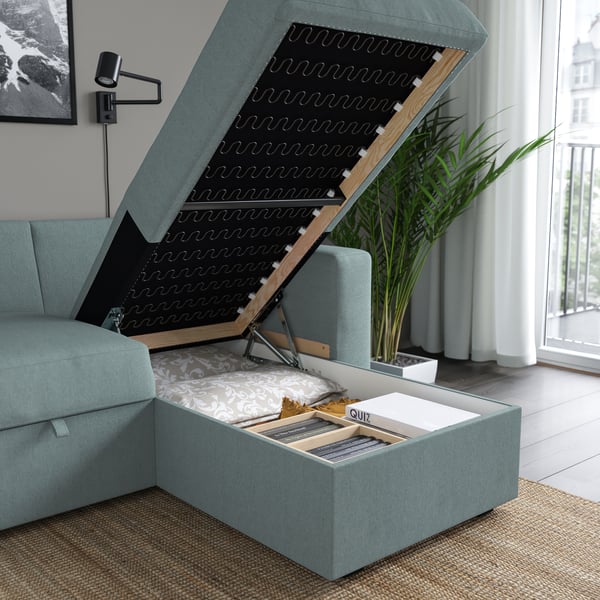 BÅRSLÖV 3-seat sofa-bed with chaise longue, Tibbleby light grey-turquoise, 236x90x153 cm