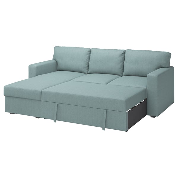 BÅRSLÖV 3-seat sofa-bed with chaise longue, Tibbleby light grey-turquoise, 236x90x153 cm
