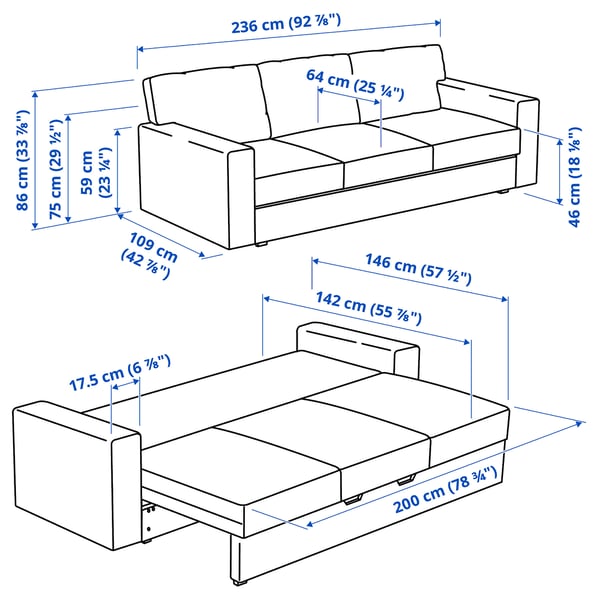 BÅRSLÖV 3-seat sofa-bed, Tibbleby beige/grey, 236x75x109 cm