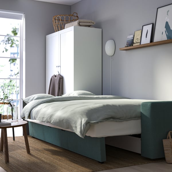 BÅRSLÖV 3-seat sofa-bed, Tibbleby light grey-turquoise, 200x236 cm