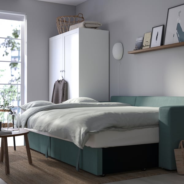 BÅRSLÖV 3-seat sofa-bed, Tibbleby light grey-turquoise, 236x75x109 cm
