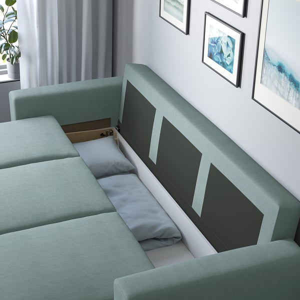 BÅRSLÖV 3-seat sofa-bed, Tibbleby light grey-turquoise, 236x75x109 cm