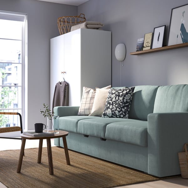 BÅRSLÖV 3-seat sofa-bed, Tibbleby light grey-turquoise, 236x75x109 cm