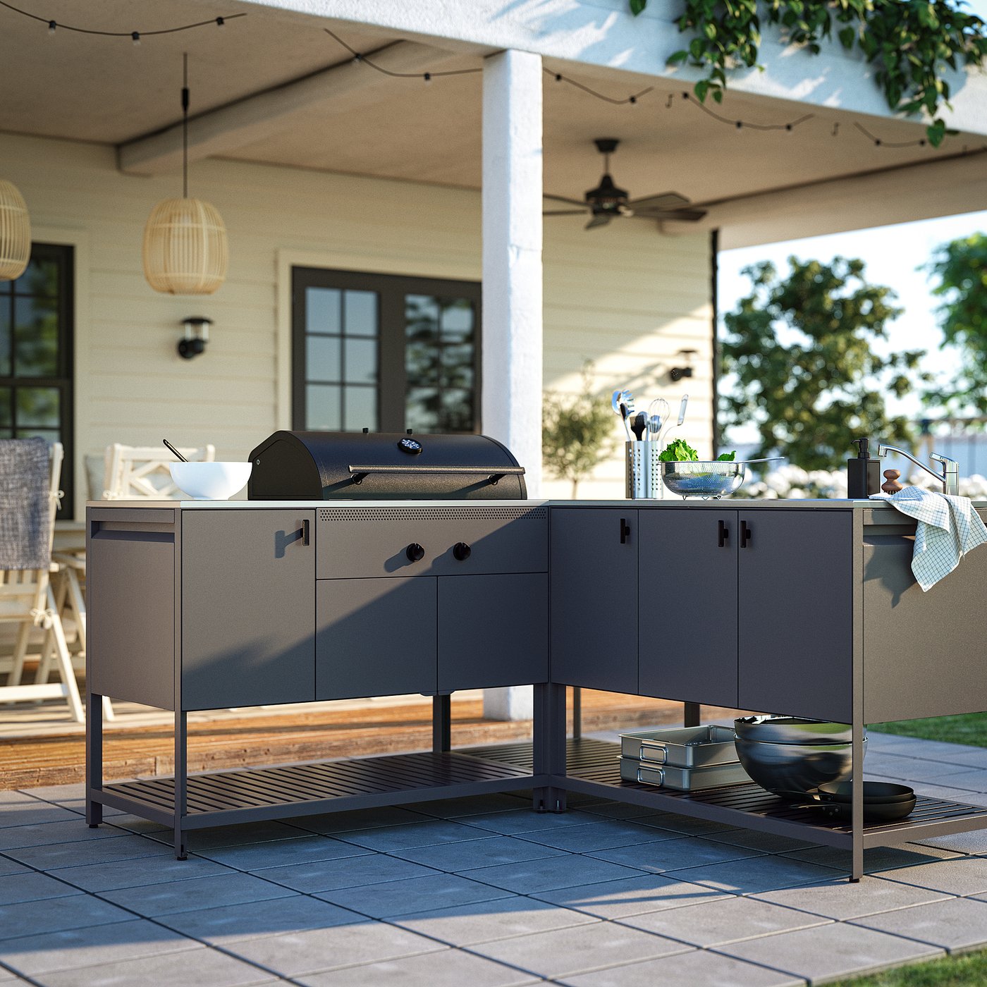 BÅTSKÄR outdoor ktchn w chrcl bbq+sink unit, dark grey, 180x180 cm