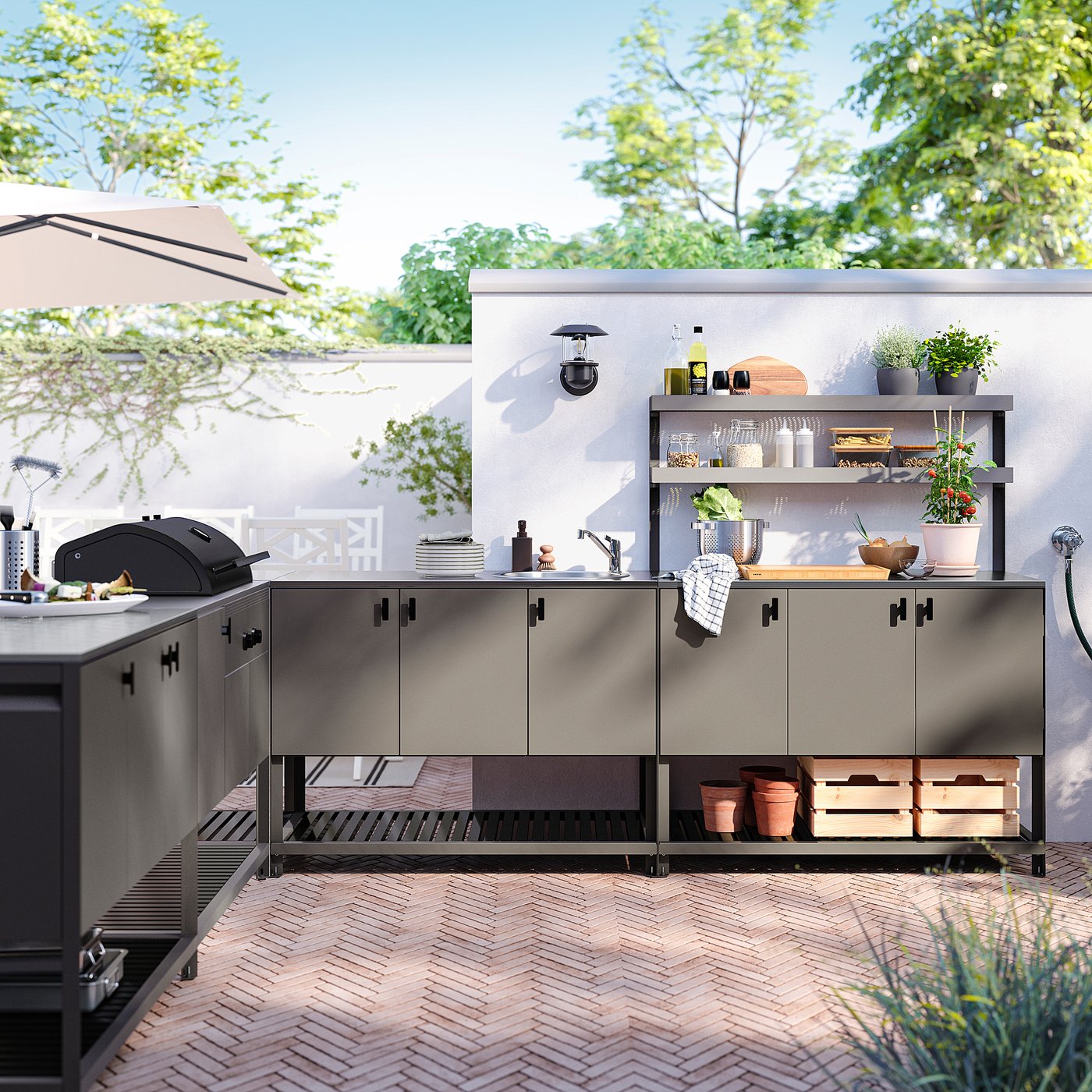 BÅTSKÄR outdoor ktchn w chrcl bbq+sink unit, dark grey, 300x300 cm