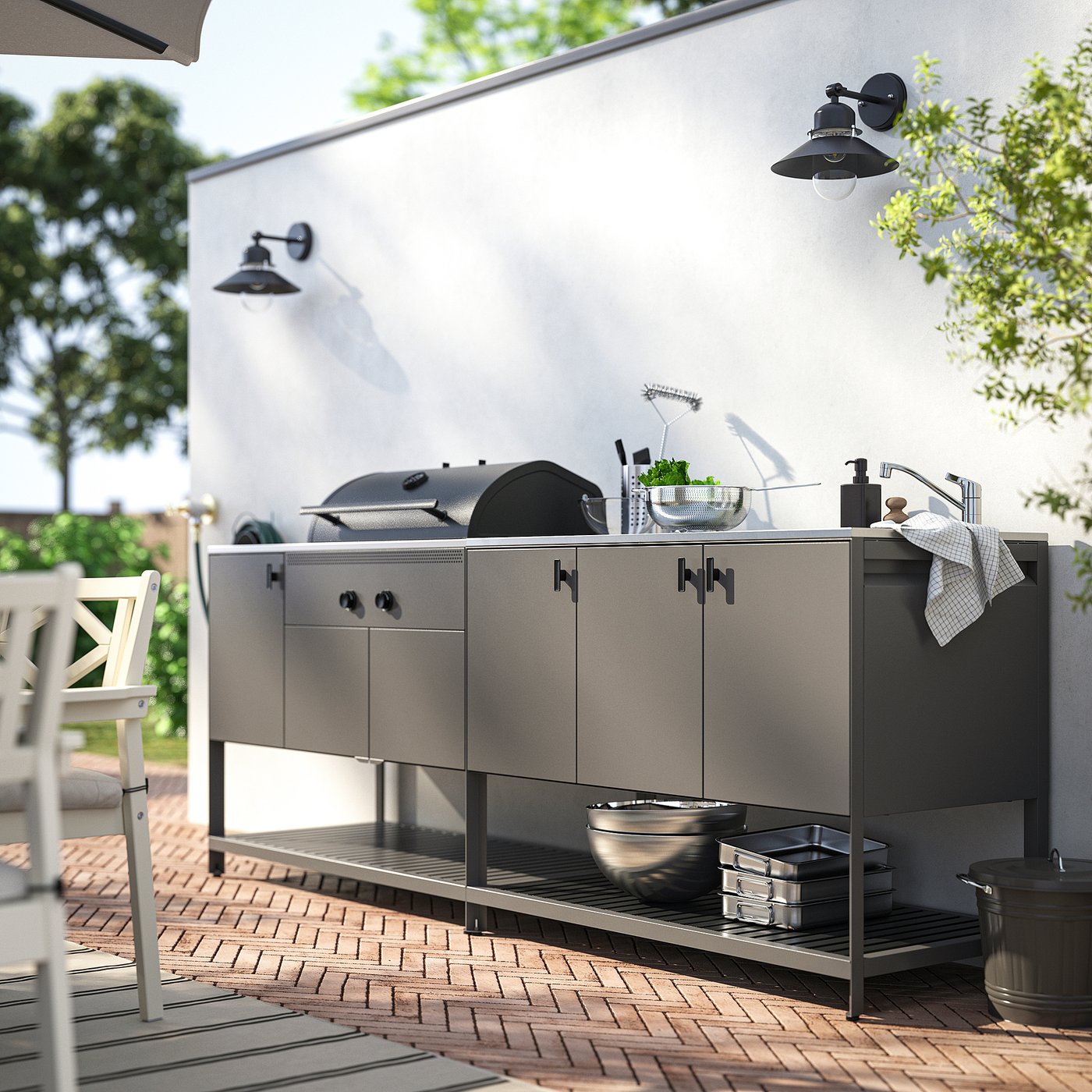 BÅTSKÄR outdoor ktchn w chrcl bbq+sink unit, dark grey, 240x114x60 cm