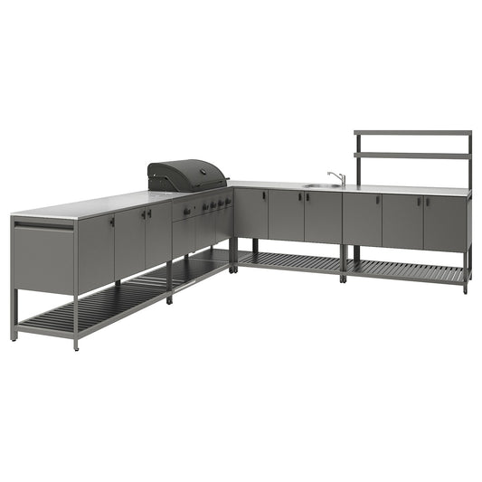 BÅTSKÄR outdoor ktchn w chrcl bbq+sink unit, dark grey, 300x300 cm