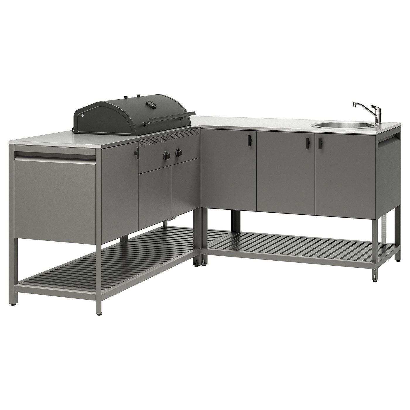 BÅTSKÄR outdoor ktchn w chrcl bbq+sink unit, dark grey, 180x180 cm