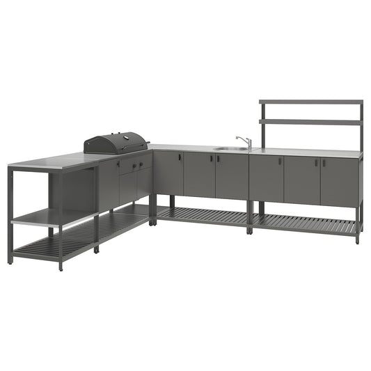BÅTSKÄR outdoor ktchn w chrcl bbq+sink unit, dark grey, 240x300 cm