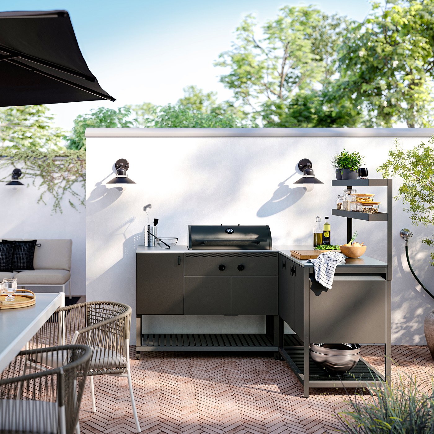 BÅTSKÄR outdoor kitchen w charcoal barbecue, dark grey, 180x180 cm