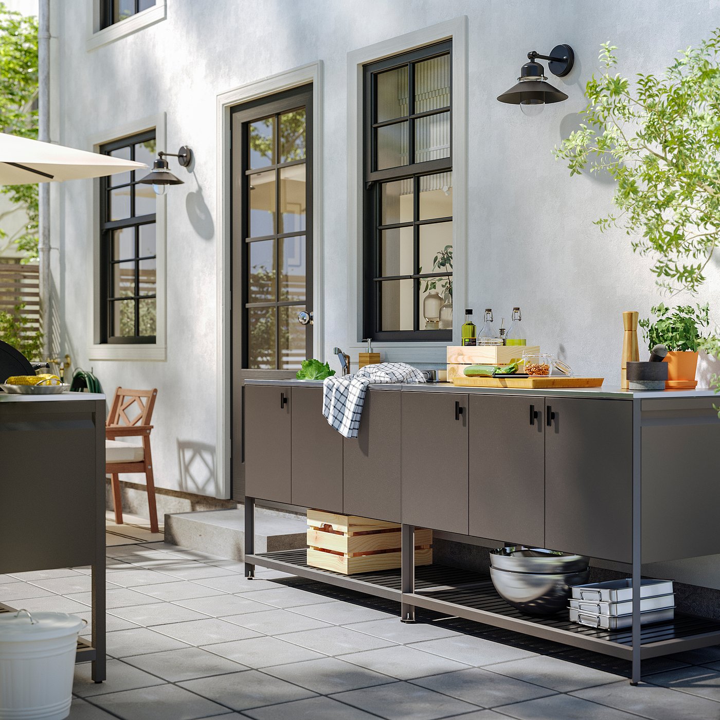 BÅTSKÄR outdoor kitchen with sink unit, dark grey, 240x60 cm