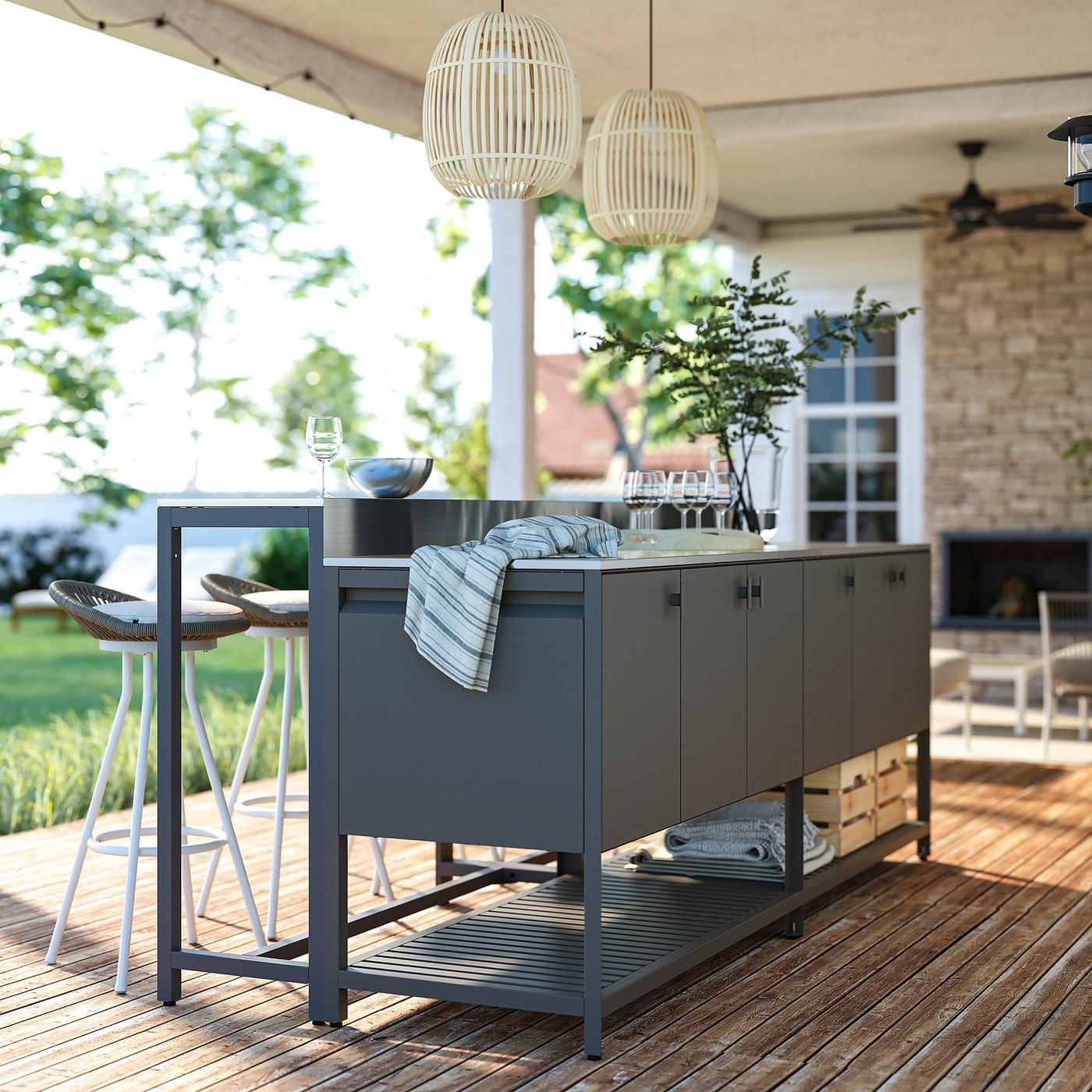 BÅTSKÄR outdoor kitchen island w bar table, dark grey, 240x93x100 cm