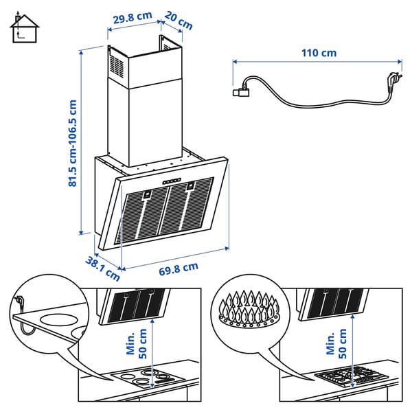 BEMÖTA wall mounted extractor hood, stainless steel colour, 70 cm
