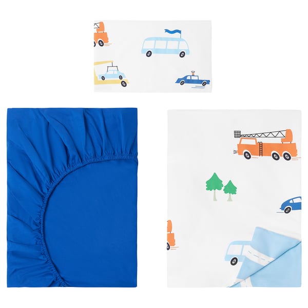 BERGFINK 3-piece bedlinen set with bag, multicolour vehicles/roads pattern, 150x200/50x80 cm