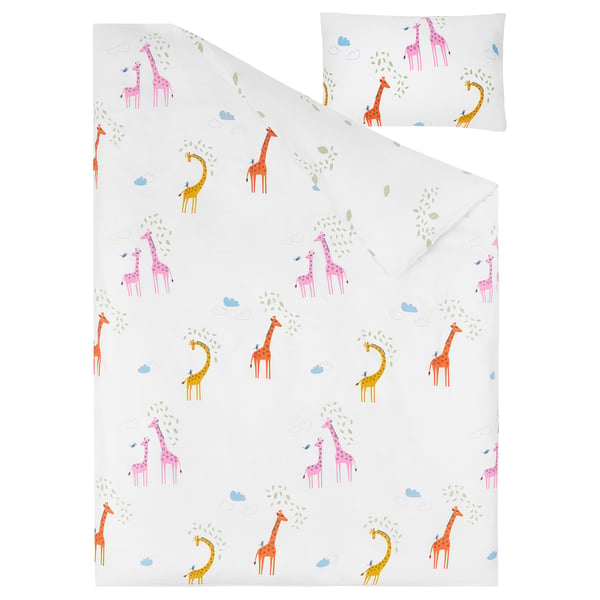 BERGFINK 3-piece bedlinen set with bag, green giraffe, 150x200/50x80 cm