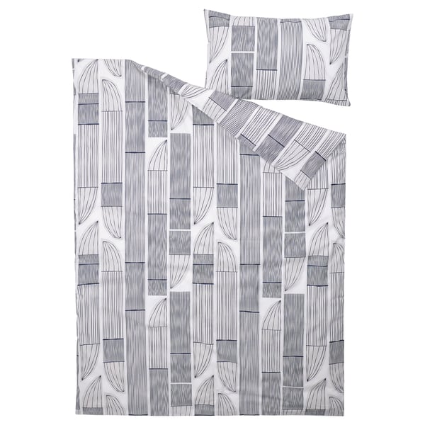 BERGKORSÖRT duvet cover and pillowcase, white/grey