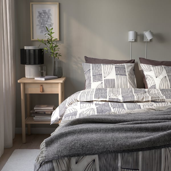 BERGKORSÖRT duvet cover and pillowcase, white/grey