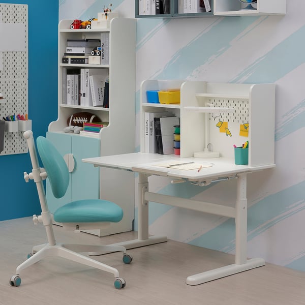 BERGLÄRKA desk, white/tiltable, 100x70 cm